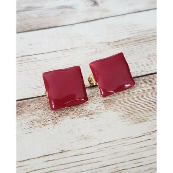 Vintage Clip On Earrings Deep Red Square Stylish 5/8" - Picture 2 of 4